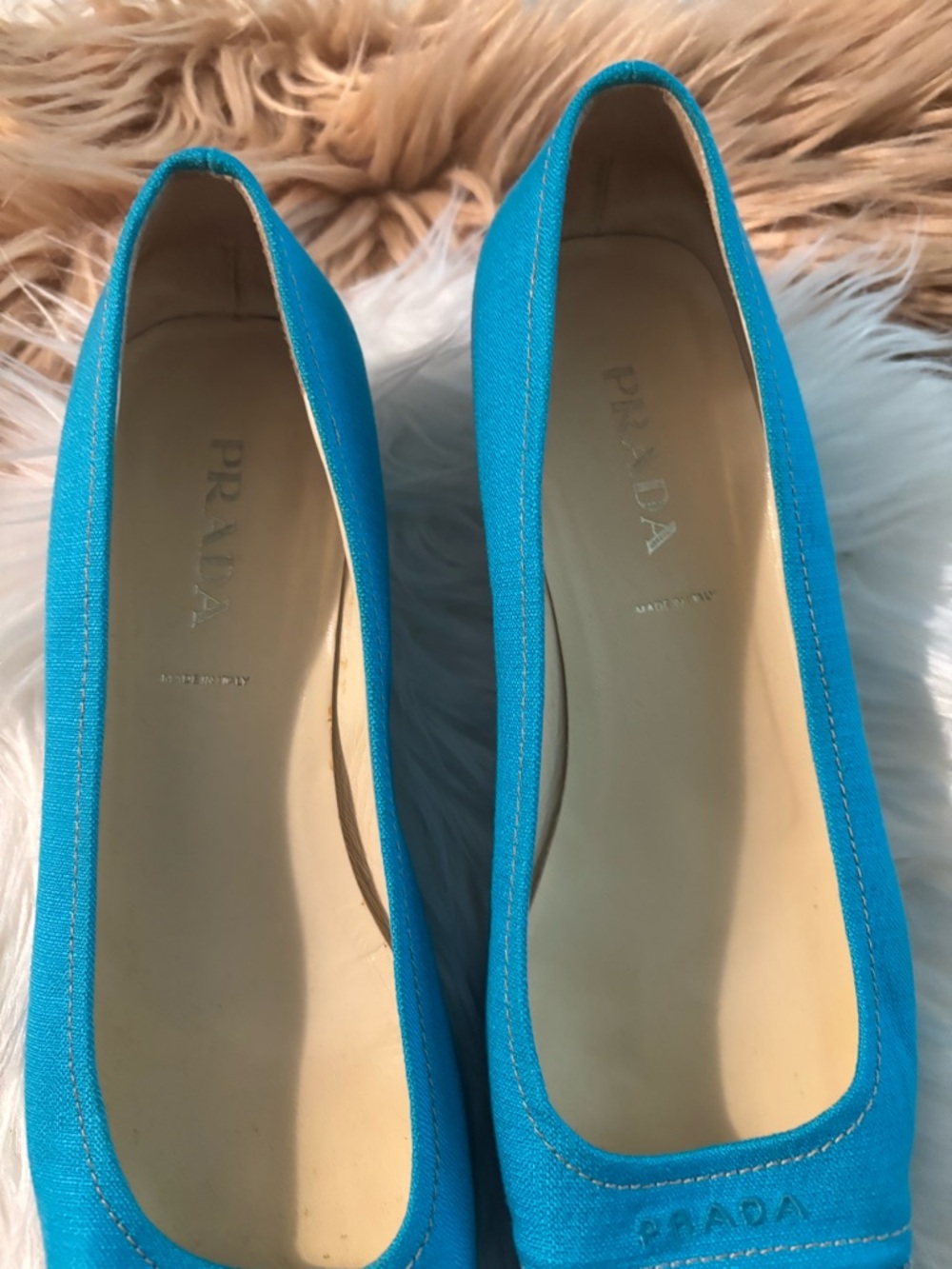 Prada Turquoise Canvas Pumps with Brown Square Toe - Picture 3 of 7